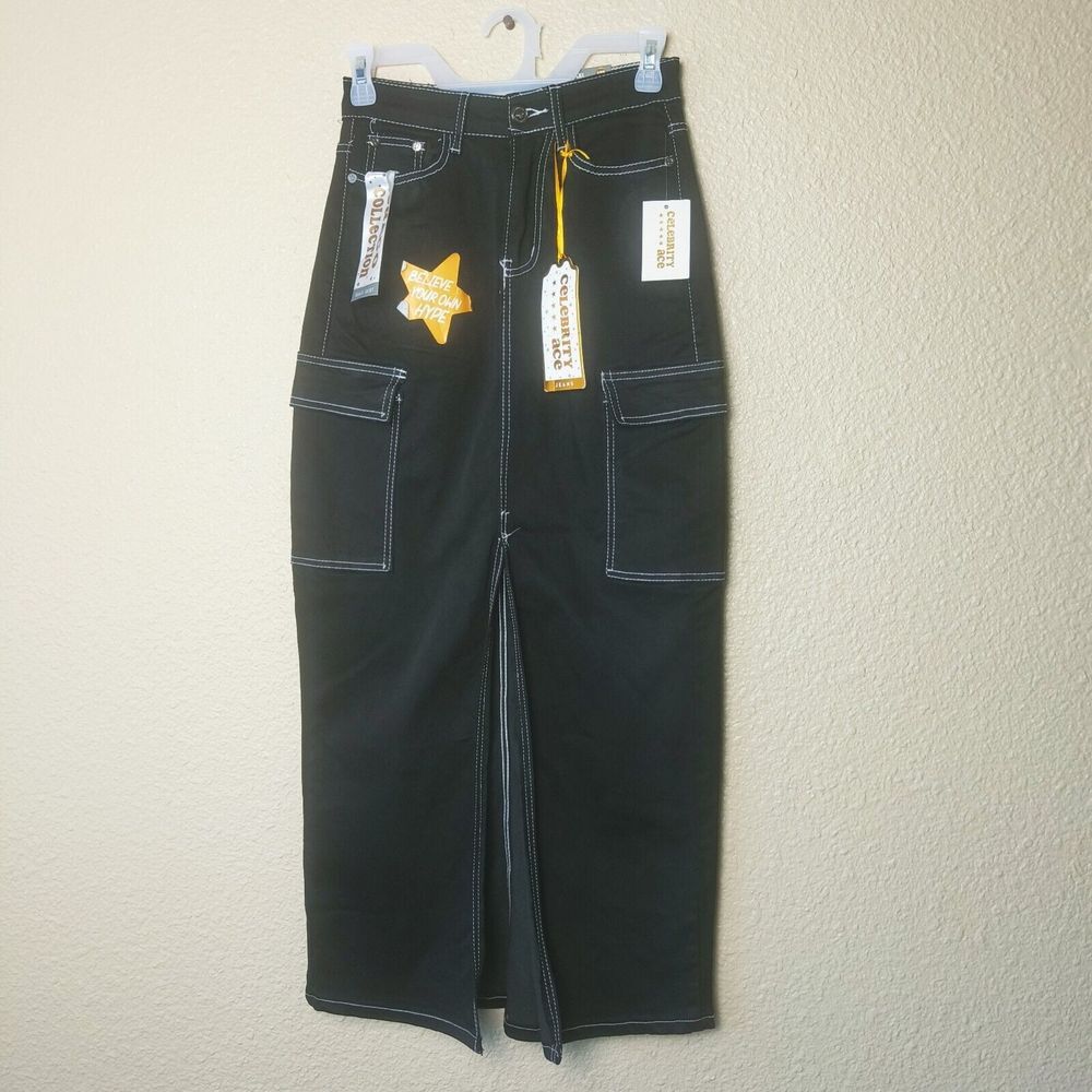 celebrity ace Black Denim Maxi Skirt with Split‎ Front Open High Waist Size XS